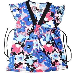 Girls Floral Elastic Waist V Neck Modest Blouse